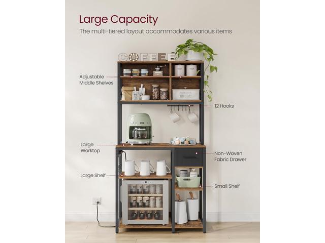 VASAGLE Bakers Rack with Charging Station, Coffee Bar with Adjustable Storage Shelves, Fabric Drawer, 12 Hooks, 15.7 x 31.5 x 71 Inches, Kitchen...