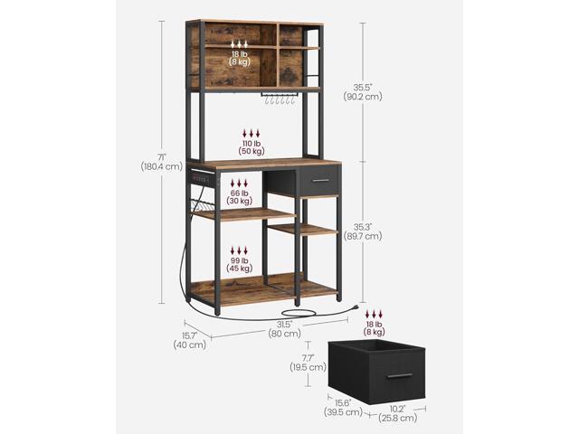 VASAGLE Bakers Rack with Charging Station, Coffee Bar with Adjustable Storage Shelves, Fabric Drawer, 12 Hooks, 15.7 x 31.5 x 71 Inches, Kitchen...