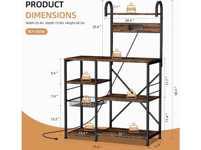 Shintenchi Kitchen Bakers Rack with Power Outlet, Multifunctional Organizer & Storage with 6 Hooks, Microwave Oven Stand, and Coffee Station Shelf,...
