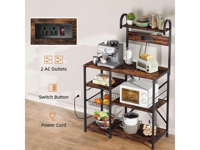 Shintenchi Kitchen Bakers Rack with Power Outlet, Multifunctional Organizer & Storage with 6 Hooks, Microwave Oven Stand, and Coffee Station Shelf,...