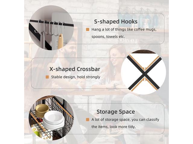 Shintenchi Kitchen Bakers Rack with Power Outlet, Multifunctional Organizer & Storage with 6 Hooks, Microwave Oven Stand, and Coffee Station Shelf,...