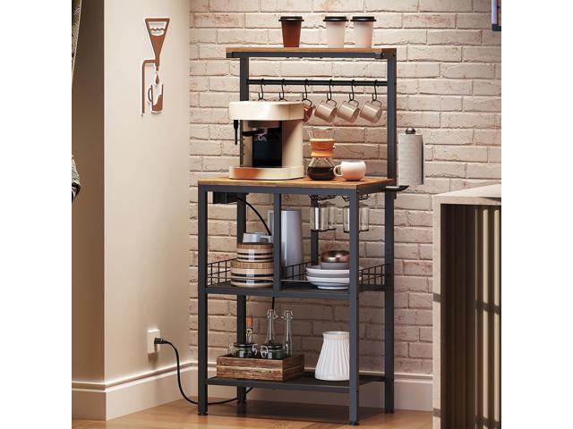 Bakers Rack with Power Outlet, Microwave Stand, Coffee Bar Table with Wine Glass Holder and Paper Holder, 4-Tier Kitchen Storage Rack for Dining...