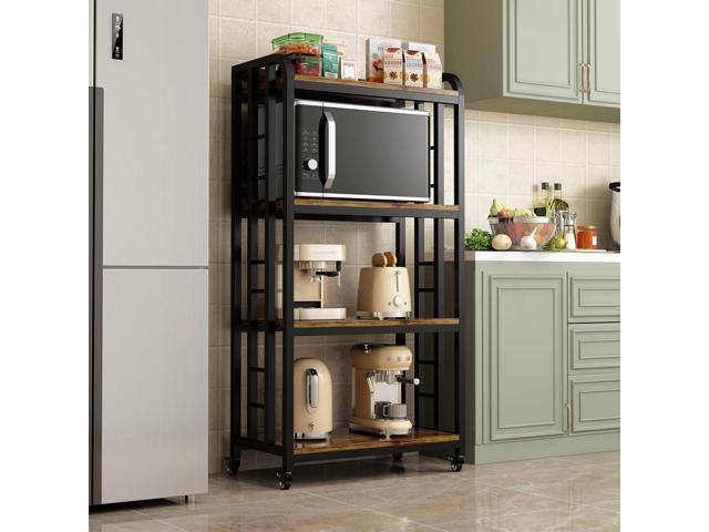 4-Tier Kitchen Baker's Rack with Rolling Wheels, Microwave Oven Cart Stand, Adjustable Utility Shelving Storage Unit, Heavy Duty Organizer Rack for...