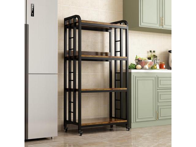 4-Tier Kitchen Baker's Rack with Rolling Wheels, Microwave Oven Cart Stand, Adjustable Utility Shelving Storage Unit, Heavy Duty Organizer Rack for...