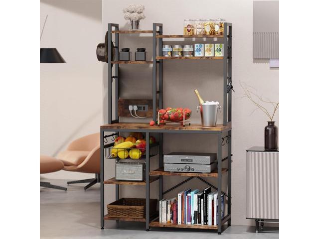 Standing Kitchen Bakers Rack, Bakers Rack with Power Outlet, 6-Tier Microwave Stand, Coffee Bar with 12 S-Shaped Hooks, Kitchen Shelf with Storage,...