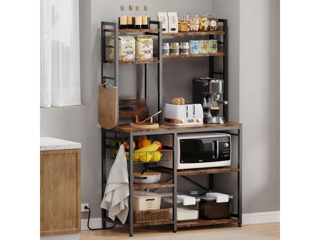 Standing Kitchen Bakers Rack, Bakers Rack with Power Outlet, 6-Tier Microwave Stand, Coffee Bar with 12 S-Shaped Hooks, Kitchen Shelf with Storage,...