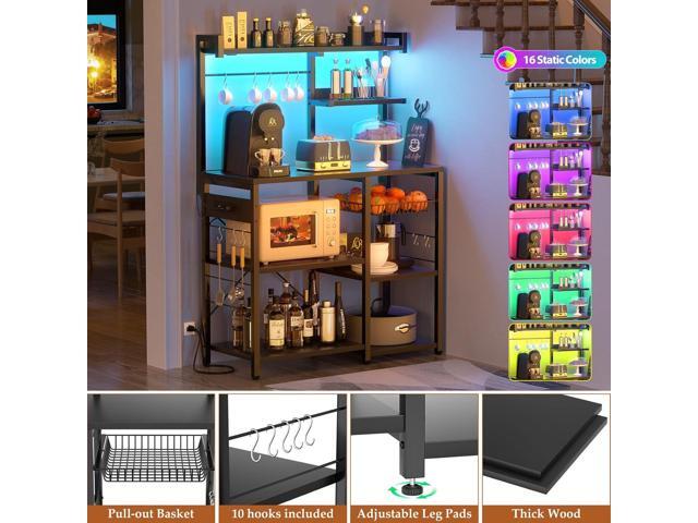 Aheaplus Bakers Rack with Power Outlet and LED Light Strings, Microwave Oven Stand Kitchen Storage Shelf with Wire Basket, Coffee Bar Station...