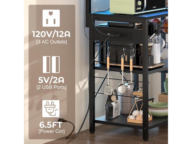 Aheaplus Bakers Rack with Power Outlet and LED Light Strings, Microwave Oven Stand Kitchen Storage Shelf with Wire Basket, Coffee Bar Station...