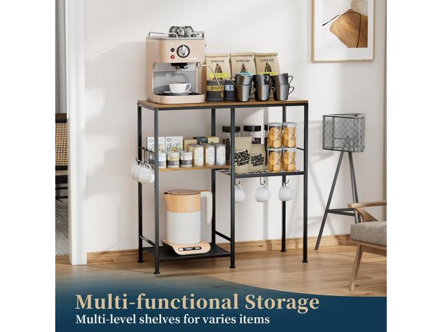 Consumest Microwave Stand, Adjustbale Coffee Bar Cabinet, Multifunctional Pan Organizer with 6 Hooks and 3 Shelves, Bakers Rack for Shovel, Pots,...