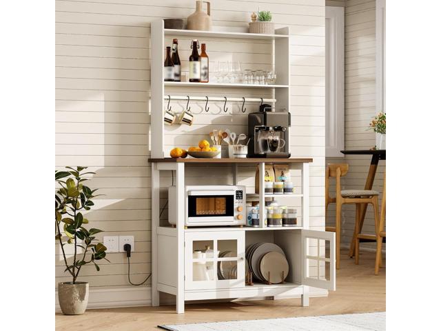 ChooChoo Farmhouse Bakers Rack with Power Outlets and Storage, Coffee Bar Cabinet with Storage, Microwave Stand Kitchen Cabinet with Hutch and 6...