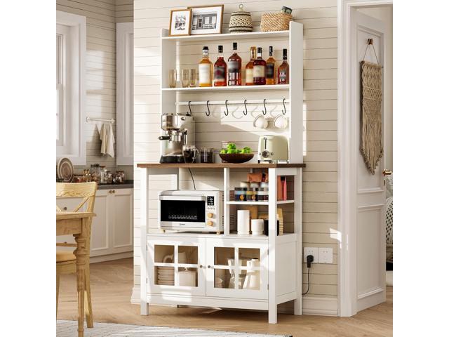 ChooChoo Farmhouse Bakers Rack with Power Outlets and Storage, Coffee Bar Cabinet with Storage, Microwave Stand Kitchen Cabinet with Hutch and 6...