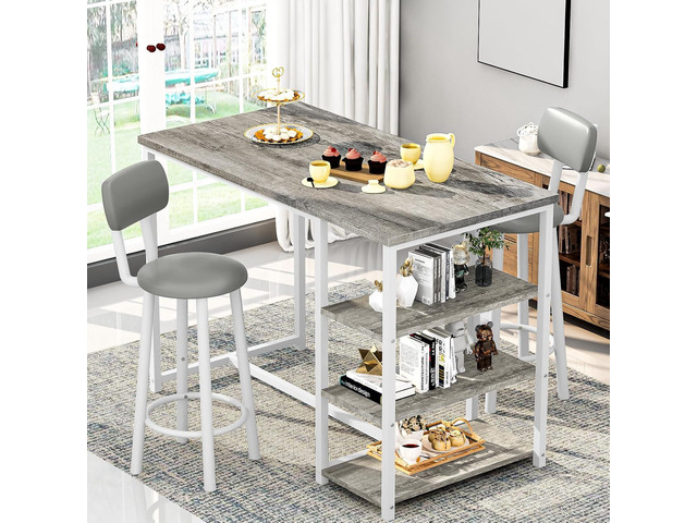 DKLGG Dining Table Set for 2, Counter Height Pub Table with 2 PU Leather Widen Backrest Bar Stools & 3 Storage Shelves, Bar and Chairs Set for...