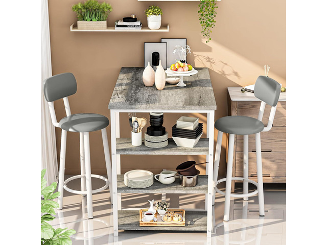 DKLGG Dining Table Set for 2, Counter Height Pub Table with 2 PU Leather Widen Backrest Bar Stools & 3 Storage Shelves, Bar and Chairs Set for...