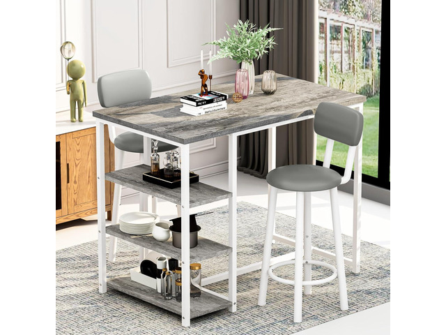 DKLGG Dining Table Set for 2, Counter Height Pub Table with 2 PU Leather Widen Backrest Bar Stools & 3 Storage Shelves, Bar and Chairs Set for...