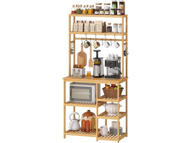 BMOSU Bakers Rack Bamboo for Kitchen with 12 S-Shaped Hooks Coffee Bar Table Kitchen Microwave Stand Open Storage Shelves Kitchen Utility Storage...