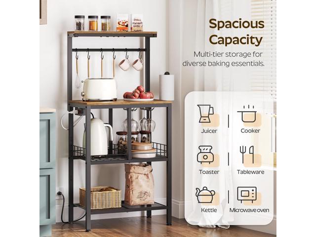 Bakers Rack with Power Outlet, Microwave Stand, Coffee Bar Table with Wine Glass Holder and Paper Holder, 4-Tier Kitchen Storage Rack for Dining...