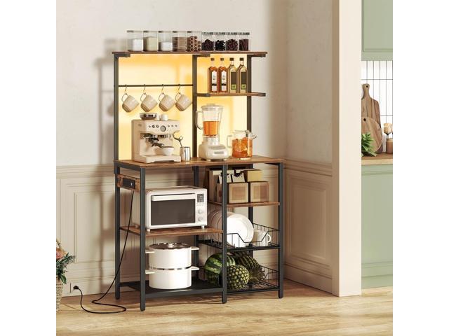 HOOBRO Bakers Rack with Power Outlet and LED Light, 6-Tier Microwave Stand with Wire Baskets, Coffee Bar Station, Kitchen Utility Storage Shelf...