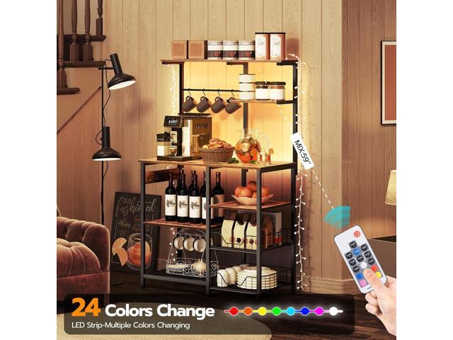 HOOBRO Bakers Rack with Power Outlet and LED Light, 6-Tier Microwave Stand with Wire Baskets, Coffee Bar Station, Kitchen Utility Storage Shelf...