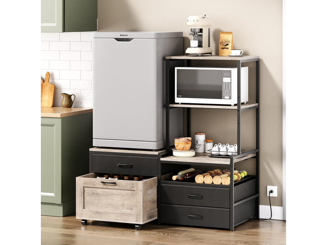 Mini Fridge Stand with Wine Rack, Kitchen Bakers Rack with Power Outlet, Microwave Oven Stand, Coffee Bar, Movable Drawers, for Dorm,Office, Grey...