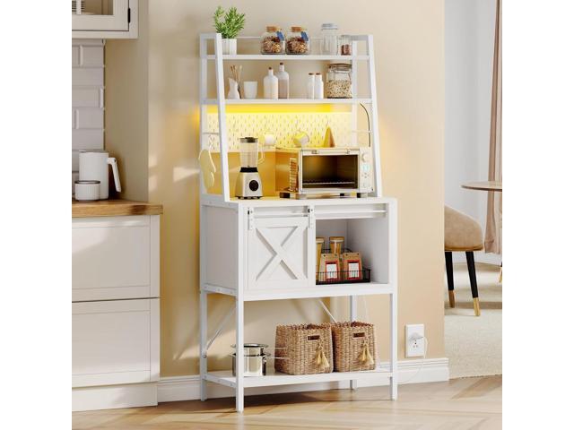 YITAHOME White Bakers Rack with Power Outlet and LED Light, 4-Tiers Microwave Stand Cabinet with Sliding Storage Drawer Barn Door, Farmhouse...