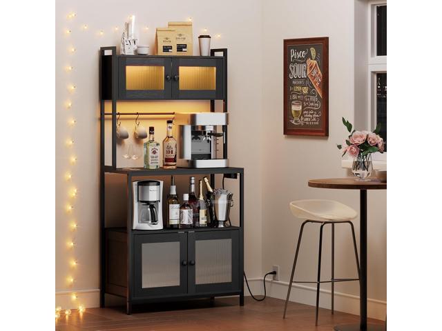 HOOBRO Bakers Rack with Storage Cabinet, 5-Tier Coffee Bar with Power Outlet and LED Lights, Industrial Microwave Oven Stand with Shelves, Kitchen...