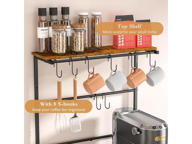 4-Tier Farmhouse Coffee Bar Shelf - Stand with 8 S-Shaped Hooks, Large Space Coffee Station Table for Kitchen & Living Room - 24.41' W x 15.78' D x...