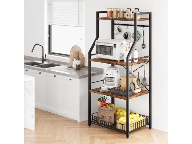 IDEALHOUSE Kitchen Bakers Rack, Microwave Oven Stand with Large Wire Basket, Industrial Coffee Bar Station, 4-Tier Kitchen Utility Storage Shelf...