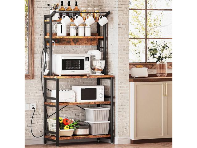 IRONCK Bakers Rack with Power Outlet, Microwave Stand with Storage, Coffee bar with 9 Hooks, 5 Tier Large Storage Capacity and Strong Metal...
