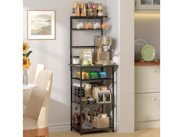 5 Tier Coffee Bar Station With 4 S-Shaped Hooks, Farmhouse Corner Stand for Small Spaces, Bakers Rack for Kitchen, Entryway, Living Room, 13.43'D x...