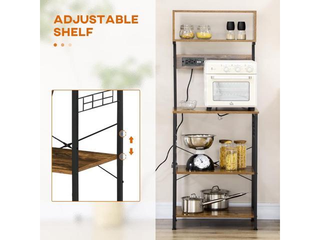 HOMCOM Kitchen Bakers Rack with Power Outlet, USB Charger, Microwave Stand, Coffee Bar with Adjustable Shelves, 5 Hooks for Spices, Pots and Pans,...