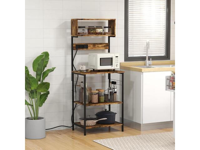 HOMCOM Kitchen Bakers Rack with Power Outlet, USB Charger, Microwave Stand, Coffee Bar with Adjustable Shelves, 5 Hooks for Spices, Pots and Pans,...
