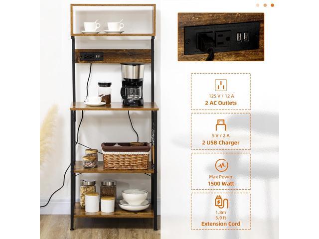 HOMCOM Kitchen Bakers Rack with Power Outlet, USB Charger, Microwave Stand, Coffee Bar with Adjustable Shelves, 5 Hooks for Spices, Pots and Pans,...