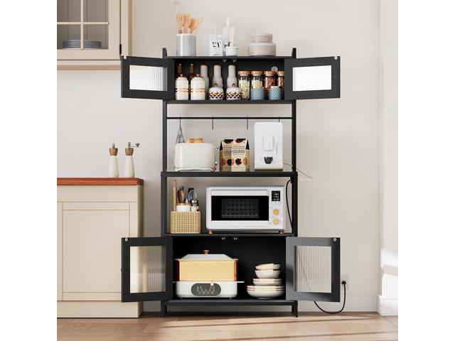 HOOBRO Bakers Rack with Storage Cabinet, 5-Tier Coffee Bar with Power Outlet and LED Lights, Industrial Microwave Oven Stand with Shelves, Kitchen...
