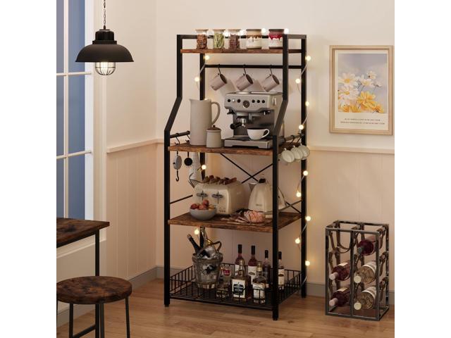 IDEALHOUSE Kitchen Bakers Rack, Microwave Oven Stand with Large Wire Basket, Industrial Coffee Bar Station, 4-Tier Kitchen Utility Storage Shelf...
