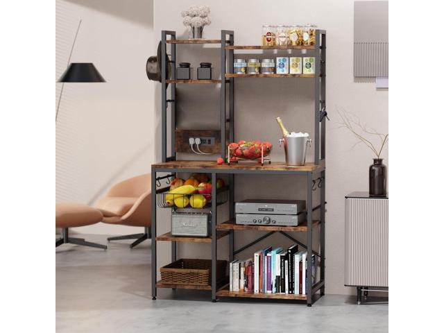 Luckyeestar Kitchen 6-Tier Baker Rack with Power Outlet, 35.4' Microwave Stand, Coffee Bar with 12 S-Shaped Hooks, Adjustable Feet Pads & 150lbs...