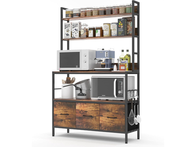 Bakers Rack with Draw Basket, 5-Tier Free Standing Kitchen Storage Shelf Rack, Industrial Microwave Oven Stand, Metal Rack Organizer with Hooks