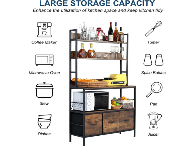 Bakers Rack with Draw Basket, 5-Tier Free Standing Kitchen Storage Shelf Rack, Industrial Microwave Oven Stand, Metal Rack Organizer with Hooks