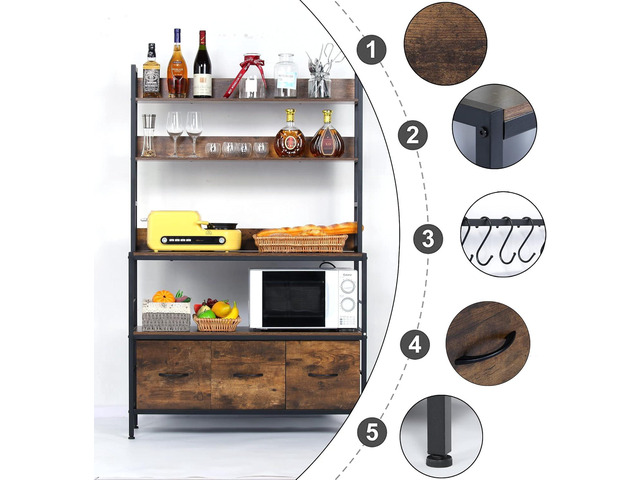 Bakers Rack with Draw Basket, 5-Tier Free Standing Kitchen Storage Shelf Rack, Industrial Microwave Oven Stand, Metal Rack Organizer with Hooks