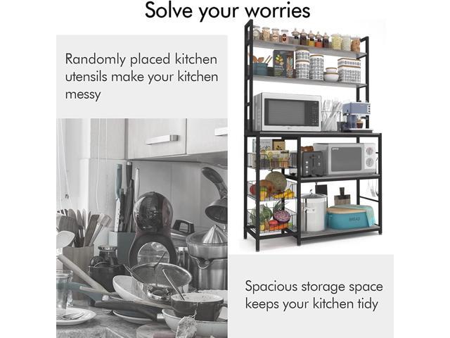 Kitchen Bakers Rack with Baskets,Free Standing Shelf,5-Tier Kitchen Utility Storage Shelf with Hooks, Microwave Oven Stand Rack Grey