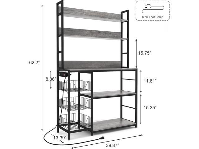 Kitchen Bakers Rack with Baskets and Power Outlet,5-Tier Kitchen Utility Storage Shelf with Hooks, Microwave Oven Stand Rack,Vintage Grey Free...