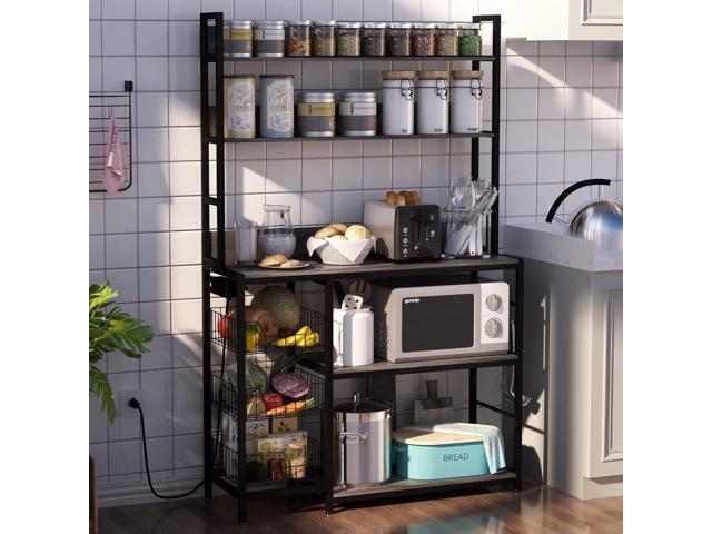 Kitchen Bakers Rack with Baskets and Power Outlet,5-Tier Kitchen Utility Storage Shelf with Hooks, Microwave Oven Stand Rack,Vintage Grey Free...