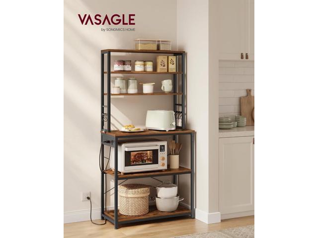 VASAGLE Bakers Rack with Power Outlet, 31.5 Inches Coffee Bar for Kitchen with Storage, 6-Tier Kitchen Shelves with 6 Hooks, Microwave Stand,...