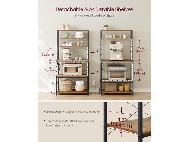 VASAGLE Bakers Rack with Power Outlet, 31.5 Inches Coffee Bar for Kitchen with Storage, 6-Tier Kitchen Shelves with 6 Hooks, Microwave Stand,...