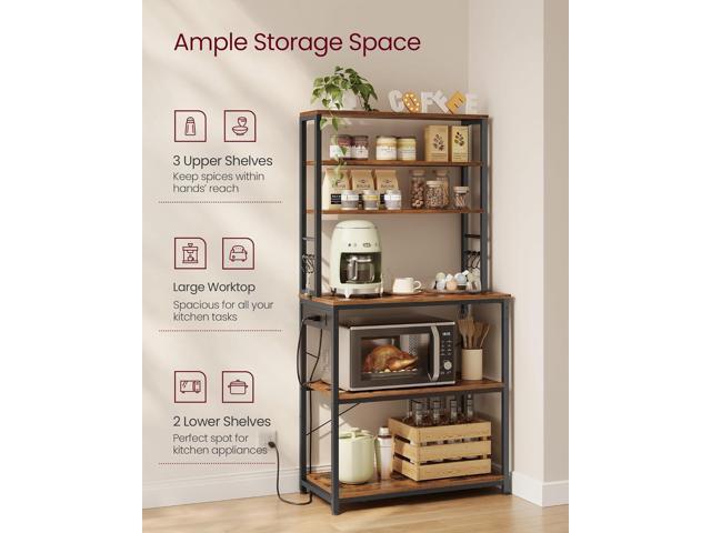 VASAGLE Bakers Rack with Power Outlet, 31.5 Inches Coffee Bar for Kitchen with Storage, 6-Tier Kitchen Shelves with 6 Hooks, Microwave Stand,...