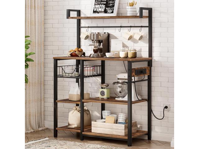 HOOBRO Bakers Rack with Power Outlet, 35.4 Inches Coffee Bar with Mesh Basket, Microwave Stand with 4 S-Shaped Hooks, Kitchen Bakers Rack with...