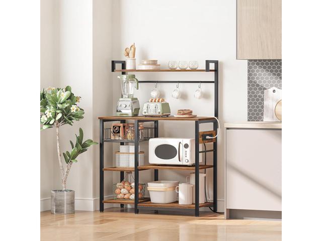 HOOBRO Bakers Rack with Power Outlet, 35.4 Inches Coffee Bar with Mesh Basket, Microwave Stand with 4 S-Shaped Hooks, Kitchen Bakers Rack with...