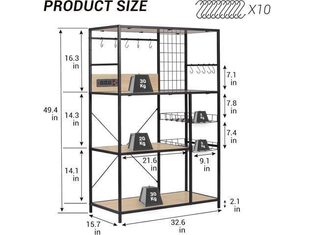 Bakers Rack with Power Outlet, Microwave Stand with Storage, Coffee Bar Organizer Cabinet with Wire Basket, Kitchen Shelf for Spices, 10 Hooks,...