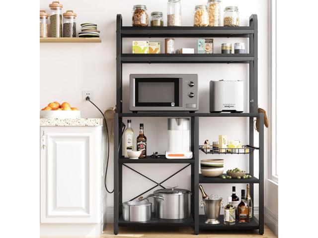 Bakers Rack with Power Outlet, Coffee Bar with Wire Drawer, Microwave Stand, Kitchen Baker Table with Large Storage, 6-Tier Kitchen Storage Rack...