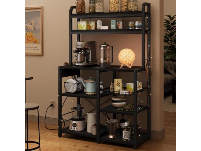 Bakers Rack with Power Outlet, Coffee Bar with Wire Drawer, Microwave Stand, Kitchen Baker Table with Large Storage, 6-Tier Kitchen Storage Rack...