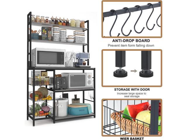 Kitchen Bakers Rack with Baskets,Free Standing Shelf,5-Tier Kitchen Utility Storage Shelf with Hooks, Microwave Oven Stand Rack Grey